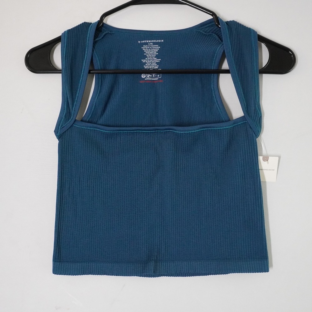 Anthropologie Cropped Square Neck Tank Top Ribbed Teal Blue Casual L NWT